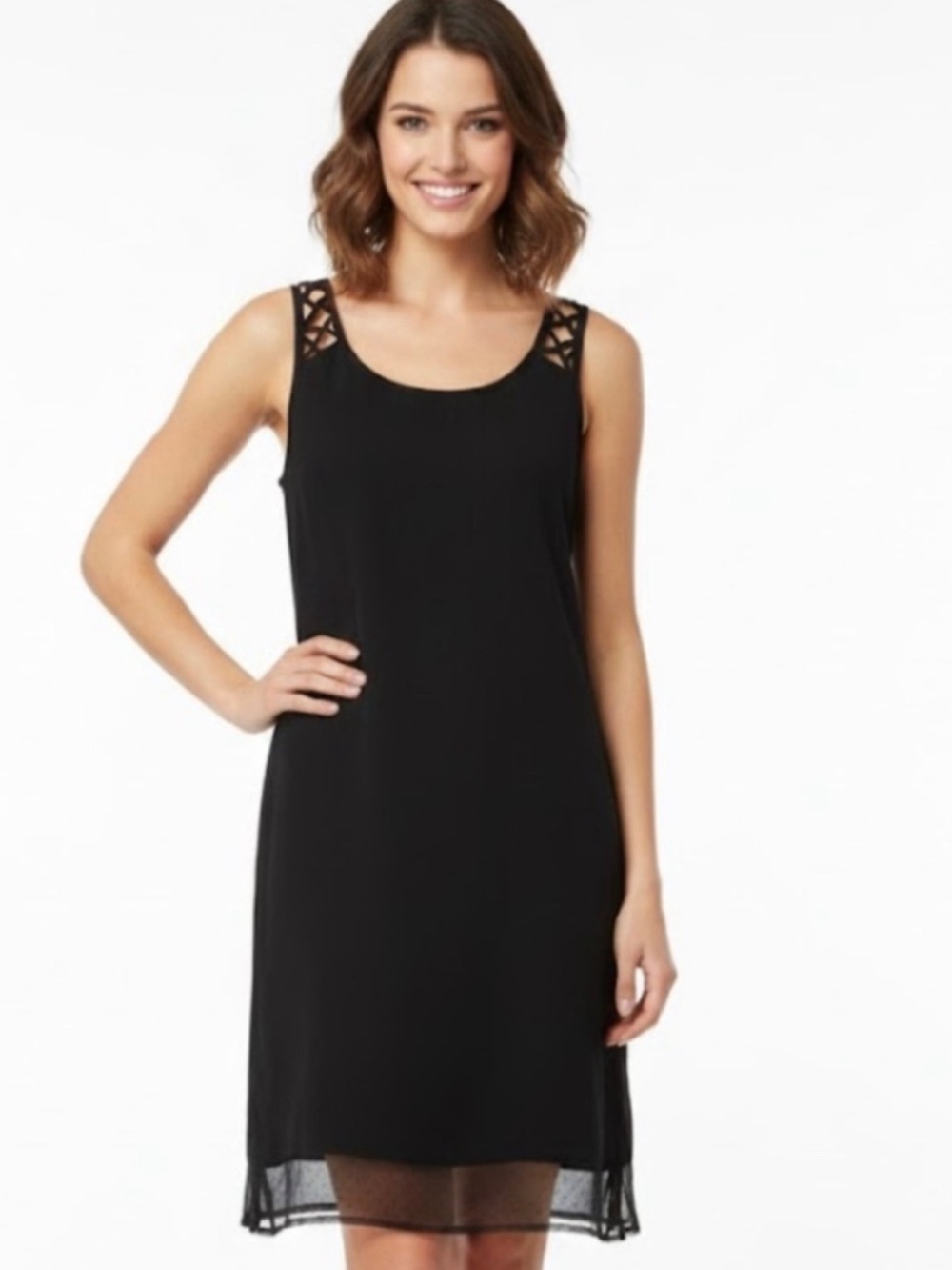 Nicole Miller Black Cutout Straps Polkat Dot Peekaboo Hem Shift Dress Size 4